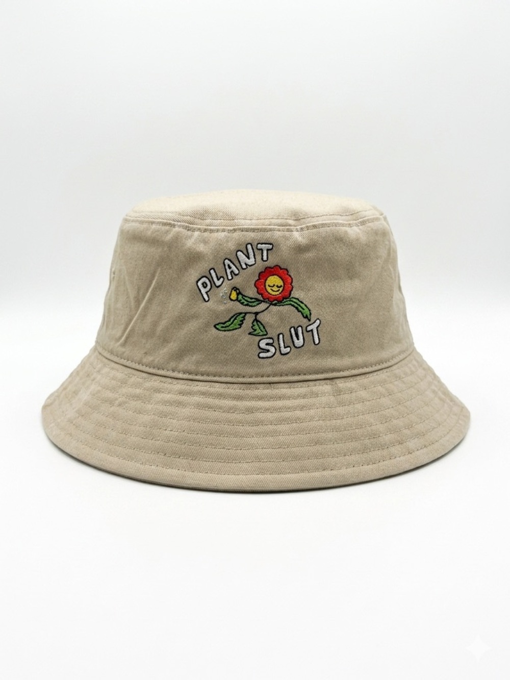 Beige 'Plant S***' Embroidered Cotton Bucket Hat